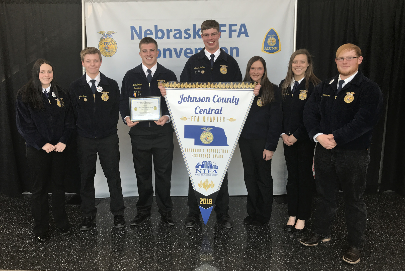 JCC FFA members pictured with Governor's Award of Excellence banner at 2018 State FFA Convention