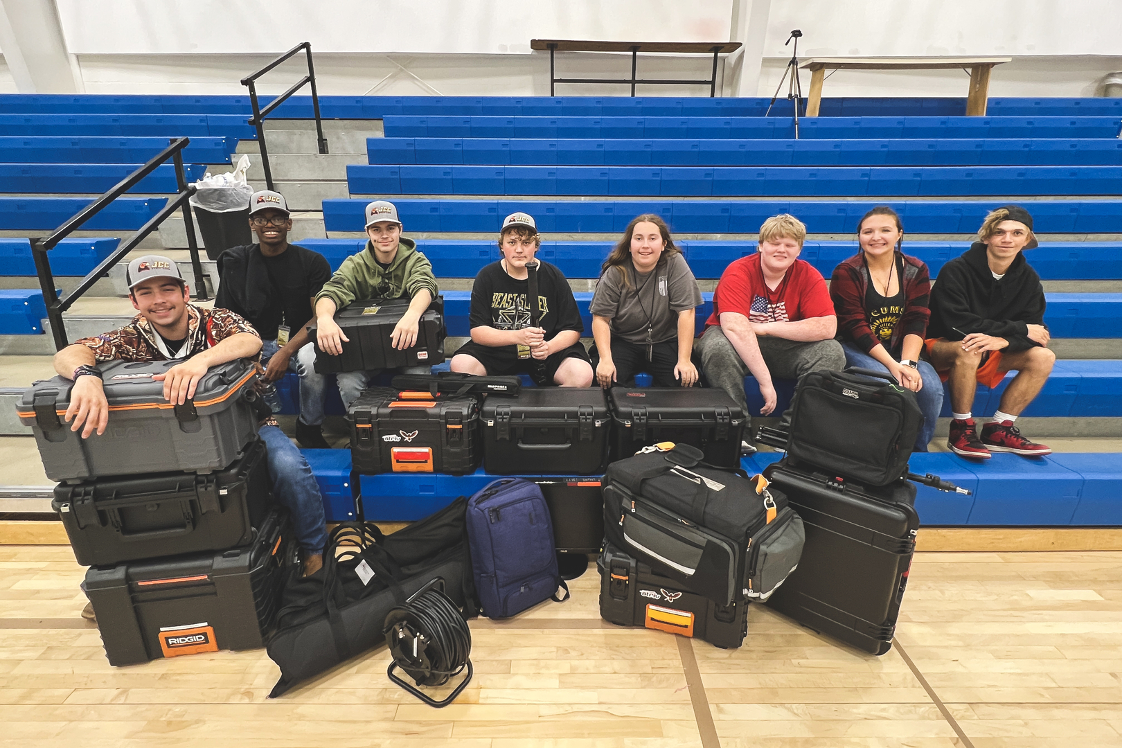 JCC Striv Crew with streaming gear at SCC Beatrice for the MUDECAS Volleyball Tournament