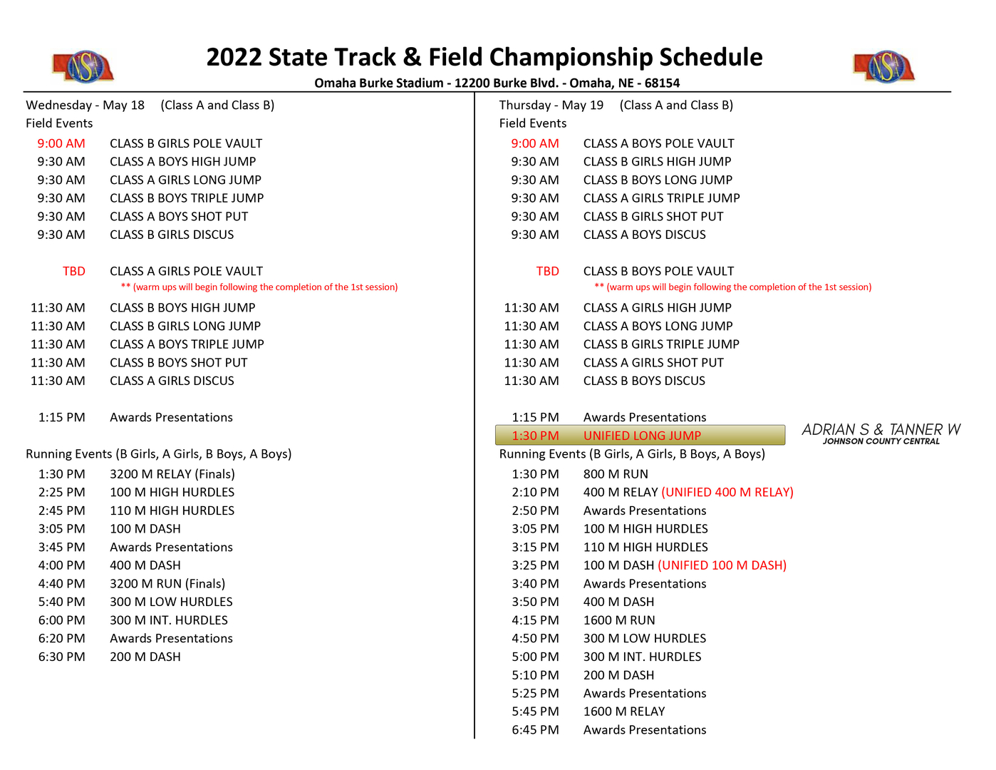 Thursday Schedule Times