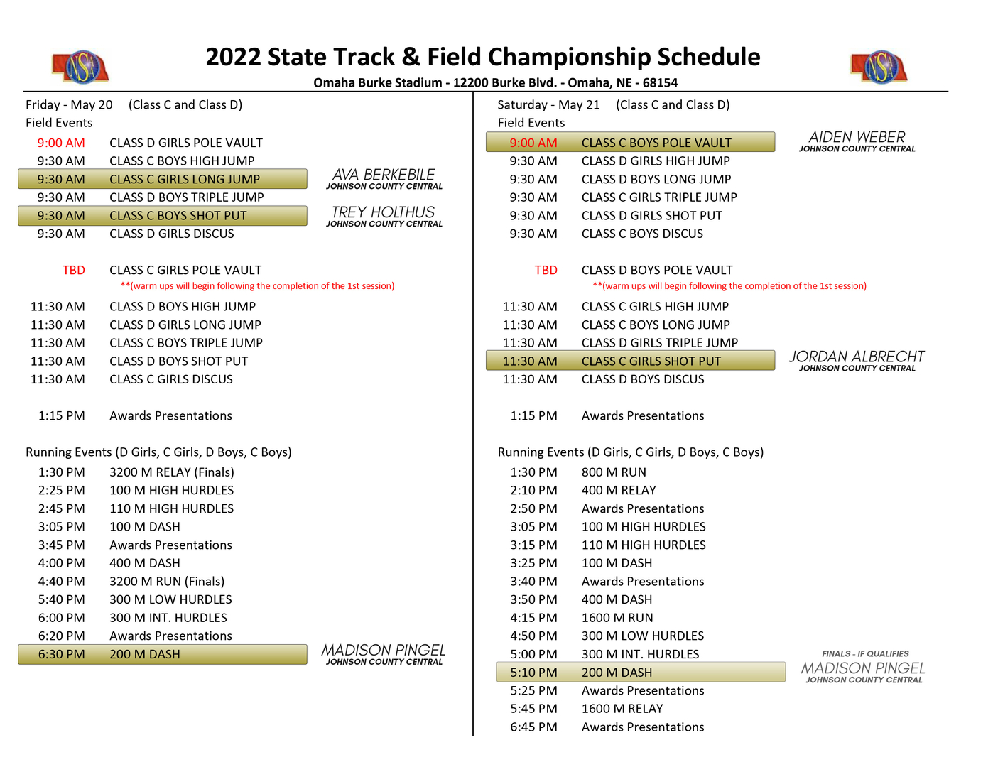 Friday & Saturday Schedule Times