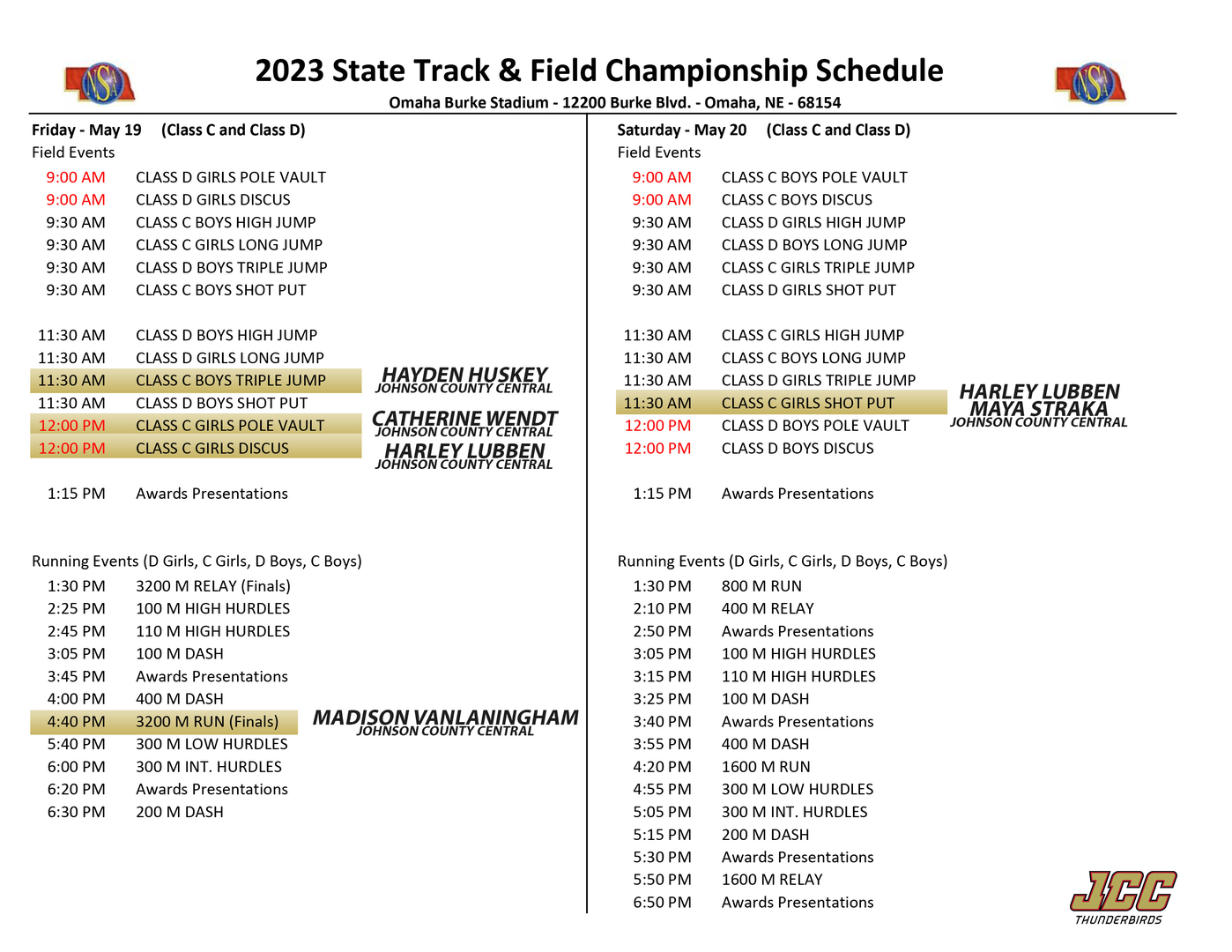 JCC State Track Schedule
