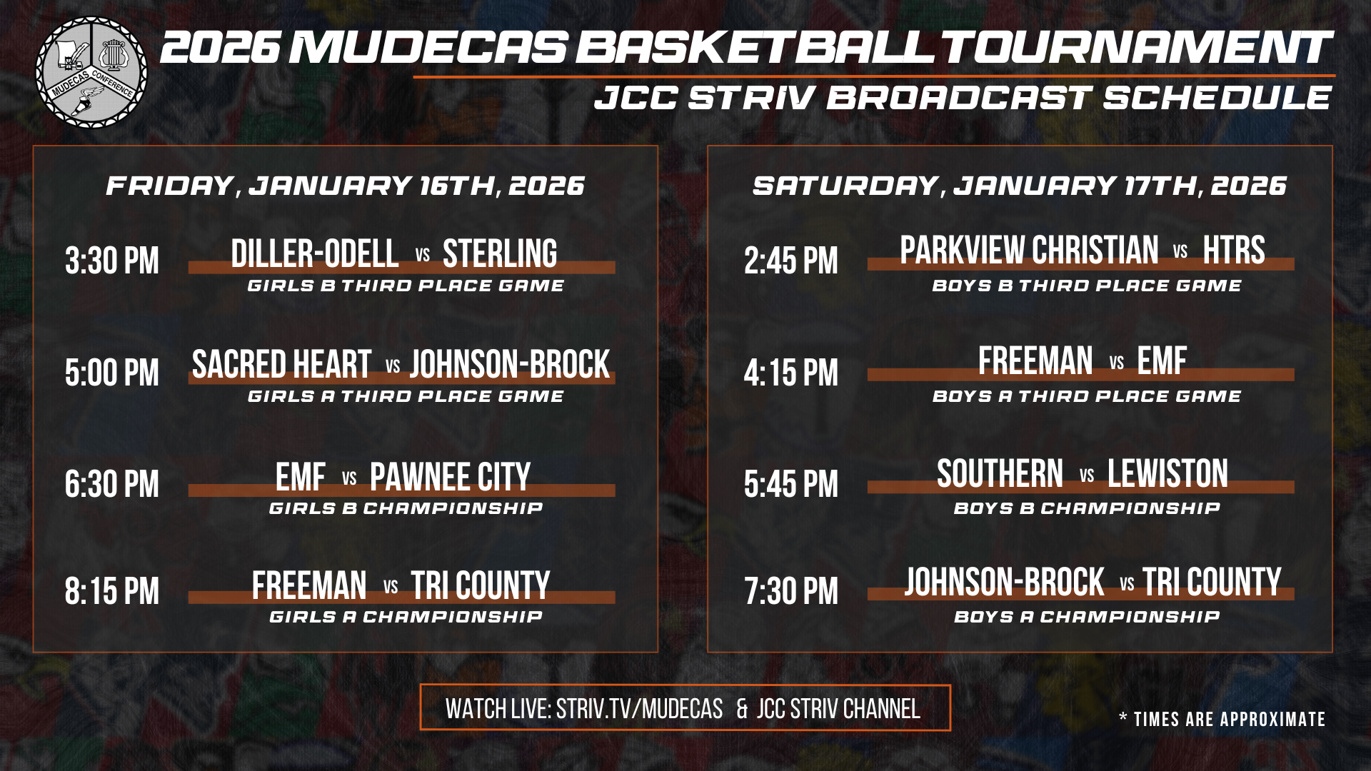 JCC Striv Broadcast Schedule for Friday & Saturday