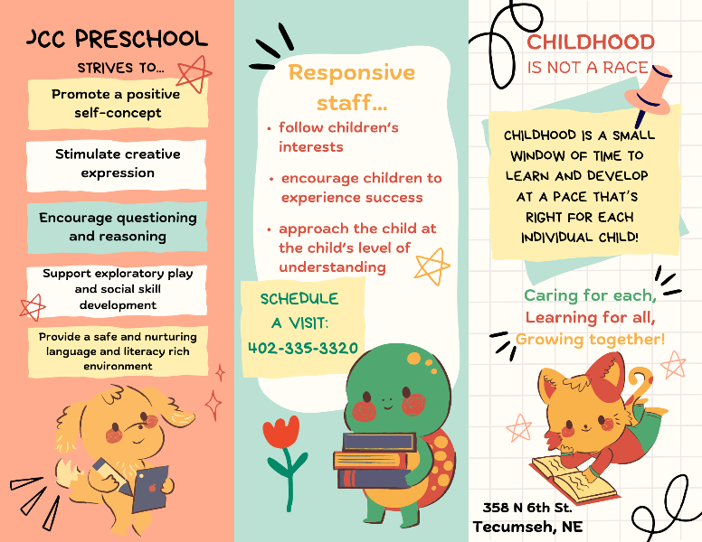 JCC Preschool strives to:
 Promote a positive self-concept
 Stimulate creative expression
 Encourage questioning and reasoning
 Support exploratory play and social skill development
 Provide a safe and nurturing language and literacy r